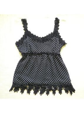 Apt. 9 Womens 14 Black Polka Dot Babydoll Tank Top Lace Trim Sheer Y2K Twee